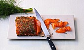 Homemade marinated salmon with dill, sea salt and pepper