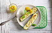 Gratinated courgette filled with goat's cheese with mango sauce