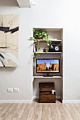 Wooden trunk, flatscreen TV, retro radio and house plant on shelves integrated into white niche