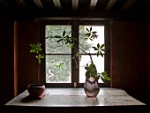 Sprigs of leaves in a glass vase on a rustic table in front of a window lit from behind