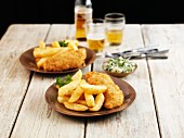 Fish and chips with herb butter and beer