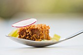 A piece of roasted beef fillet with crispy breadcrumbs on a spoon