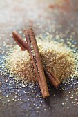 Brown sugar and cinnamon sticks on a metal surface