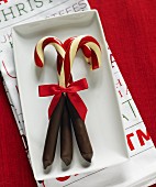 Candy canes dipped in chocolate