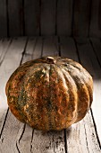 A whole pumpkin on a rustic wooden surface