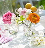 Ranunculus of various colours and white blossom in nostalgic stemware glasses on garden table in sunshine