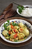 Cauliflower curry with chickpeas, peppers and carrots in coconut cream