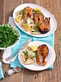 Grilled salmon marinated with soy sauce and honey with fennel