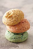 Three different coloured almond macaroons