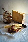Fourme de Cantal (unpasteurised French cheese) with relish and bread