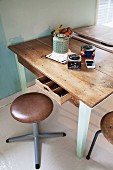 Retro stools around rustic kitchen table with legs painted pale mint green