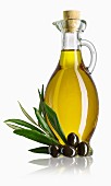 A carafe of olive oil, a sprig of olive leaves and black olives