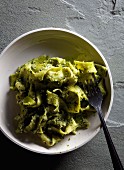 Pappardelle with pesto (seen from above)