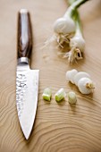 Spring onions and a Japanese knife