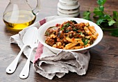 Pasta with a lamb and aubergine sauce and yoghurt