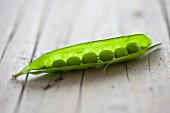 A fresh, opened pea pod on a wooden surface