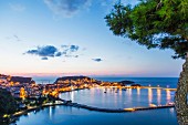 A view the town of Amasra, Turkey, located on two island, with the illumination reflecting in the sea