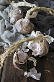 Dried garlic on a wooden surface