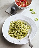 Spaghetti with parsley and hazelnut pesto