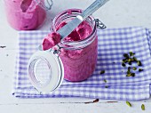 Blackberry and cream cheese spread with cardamom and chopped pistachios