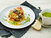 Oven-baked ratatouille with a pea sauce