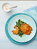 Carrot fritters with chard and nut yoghurt