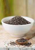 Chia seeds in a bowl and on a wooden spoon