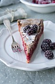 A slice of raspberry cake with frozen blackberries