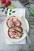 Slices of bread topped with radishes