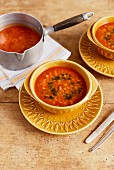 Ezo gelin corbasi (Turkish wedding soup with tomatoes, bulgur wheat and lentils)