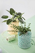 A roll of kitchen twine decorated with a bunch of fresh herbs