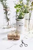 Reel of twine and scissors in front of vases of flowers and herbs