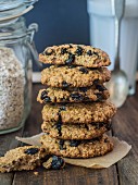 A stack of wholemeal oat cookies with raisins