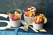 Amaranth and soya pudding with an apricot and pomegranate salad
