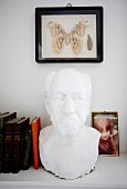 White plaster bust of man on bookshelf below framed buttefly