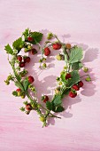 A heart-shaped wreath of wild strawberries and leaves tied and wrapped around a piece of wire