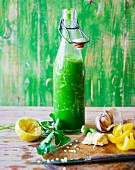 Black kale and wild garlic smoothie with yellow peppers and fresh coriander
