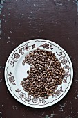 Brown speckled pinto beans on a ceramic plate