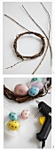 Decorating a willow wreath with colourful Easter eggs
