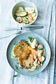 Unripe spelt grain cakes with mixed creamy vegetables