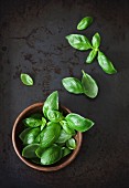 Fresh basil leaves in a wooden bowl