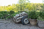Trailer loaded with stones and geraniums planted in wicker baskets on gravel floor in garden
