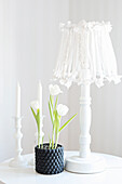 White table lamp with DIY lampshade and white tulips