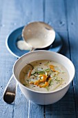 Cream of leek and fennel soup with smoked fish