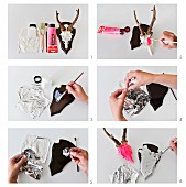 Instructions for restyling a traditional hunting trophy using neon acrylic paint and silver leaf