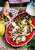 Porchetta (Italian roast pork) with grilled vegetables