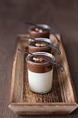 Vanilla panna cotta with chocolate sauce, garnished with roasted almonds, chocolate raisins and vanilla pods