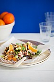 Warm rice salad with salmon, clementines and a creamy dill sauce