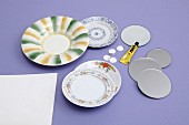 Decorative wall plates made from old china, round mirrored coasters and premade eyelets
