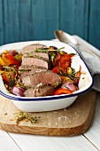 Noisette of lamb on a bed of oven-baked ratatouille
